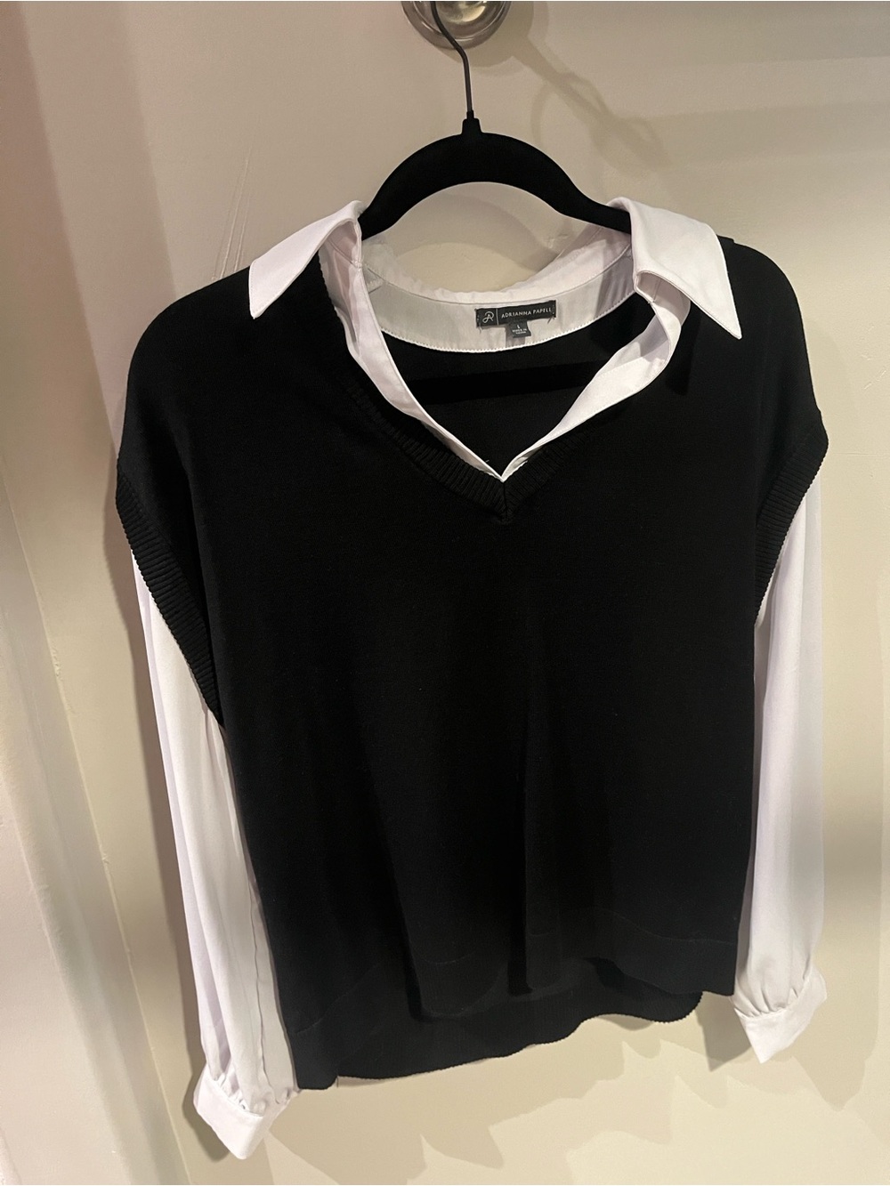 Adrianna Papell Black V-Neck Sweater Vest with White Shirt Detail